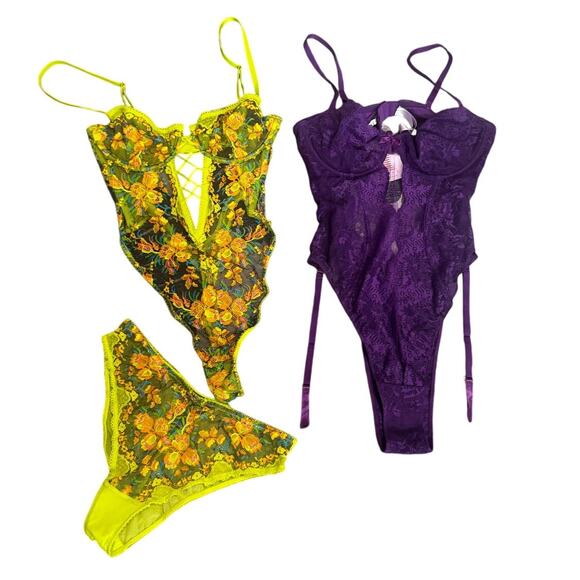 Savage X Fenty Lingerie Bundle Yellow Floral Set & Purple Lace Bodysuits (S/M) - Picture 1 of 8